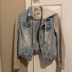 Unique denim jacket with striped sleeves/hood